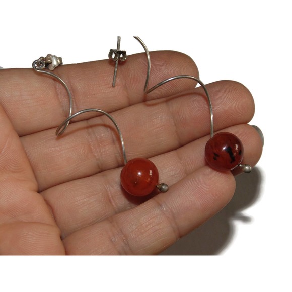 925 Vintage Estate Sterling Silver Earrings Dangle Twist Wire Ball Orb Amber - Picture 4 of 4